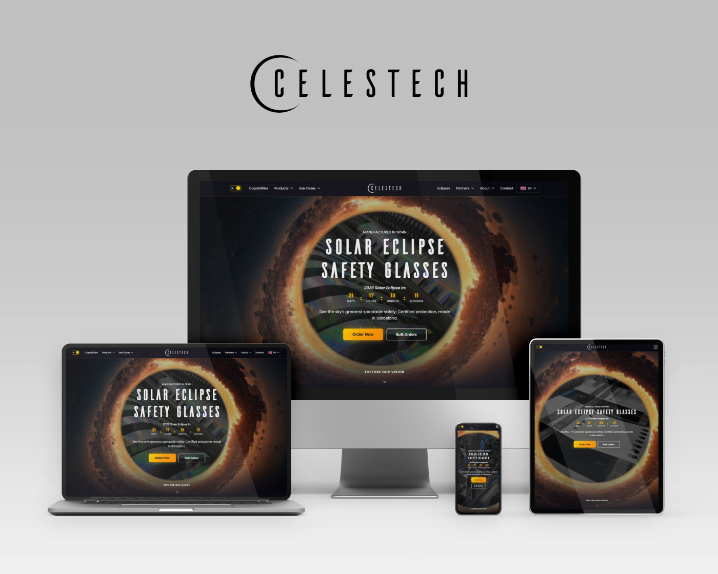 Celestech solar eclipse safety glasses website on desktop, laptop, tablet and phone