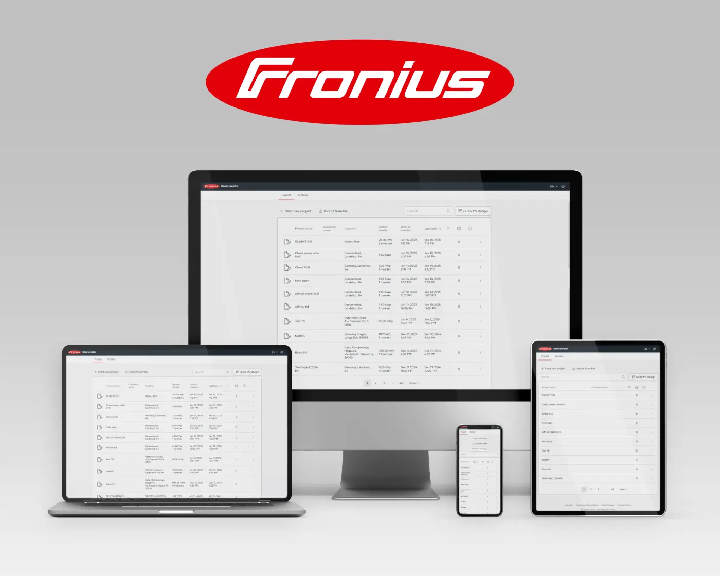 Fronius Solar creator planning application on desktop, laptop, tablet and phone