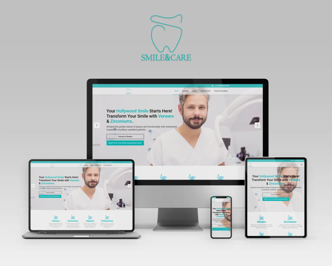 Smile and Care dental clinic website shown on desktop, laptop, tablet and phone