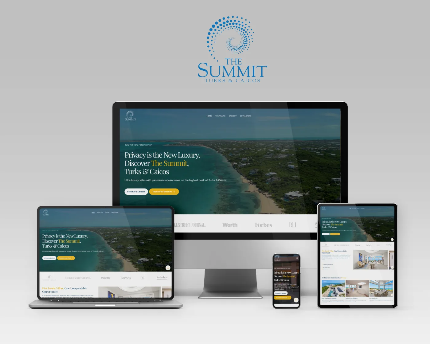The Summit Turks and Caicos luxury villa landing page shown on desktop, laptop, tablet and phone
